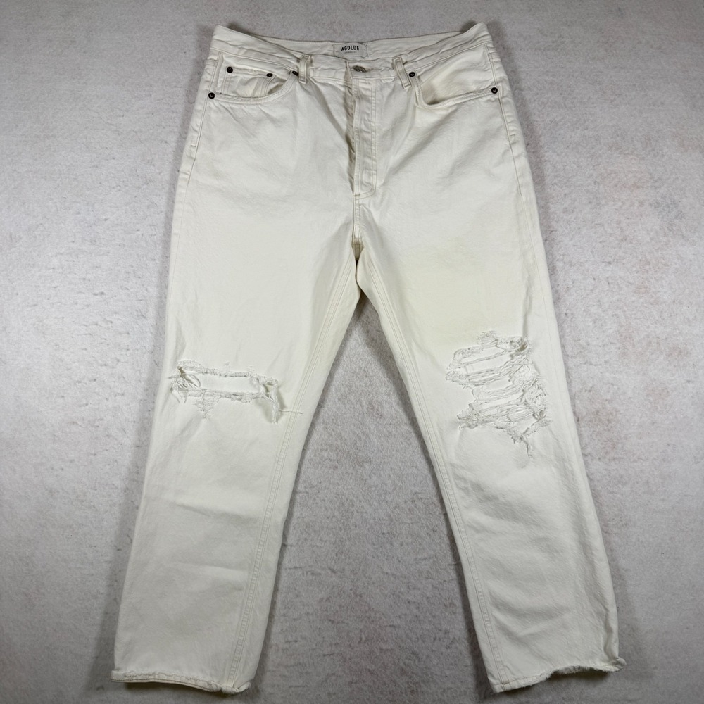 AGOLDE‎ Womens Size 32 White Destroyed Knee Straight Leg Button Fly Jeans